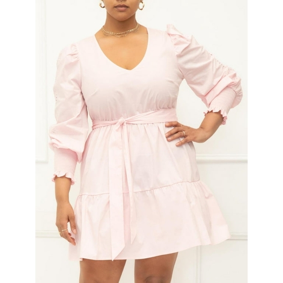 eloquii elements women's plus size short sleeve tiered eyelet dress Tiered Eyelet Mini Dress with Puff Sleeves, Black Onyx